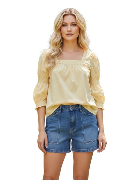 The Pioneer Woman Tops - The Pioneer Woman Plus Size 1X Pale Yellow Square-Neck Smocked Sleeve Top